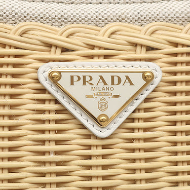 プラダ PRADA ウィッカー ミニ ハンドバッグ 1BG469 ベージュ×ホワイト ラタン キャンバス 2WAYバッグ ゴールド金具 新品 未使用 かごバッグ ショルダー 三角ロゴ