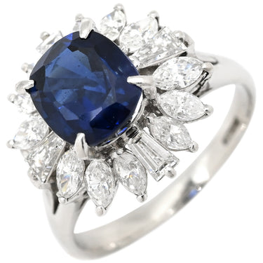 ノンブランド NON BRAND ブルーサファイア ダイヤ ブルー×プラチナシルバー Pt900 サファイア ダイヤモンド リング 指輪 クッションカット Pt900 プラチナム 青 マーキス バゲットカット フラワーモチーフ 13号