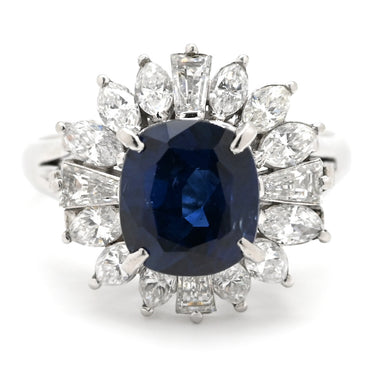 ノンブランド NON BRAND ブルーサファイア ダイヤ ブルー×プラチナシルバー Pt900 サファイア ダイヤモンド リング 指輪 クッションカット Pt900 プラチナム 青 マーキス バゲットカット フラワーモチーフ 13号