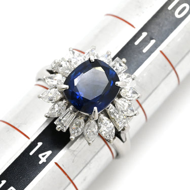 ノンブランド NON BRAND ブルーサファイア ダイヤ ブルー×プラチナシルバー Pt900 サファイア ダイヤモンド リング 指輪 クッションカット Pt900 プラチナム 青 マーキス バゲットカット フラワーモチーフ 13号