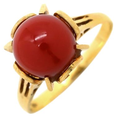 ノンブランド NON BRAND 珊瑚 8mm イエローゴールド K18YG 珊瑚 リング 指輪 サンゴ さんご 赤 血赤 レッド ラウンドシェイプ 10.5号