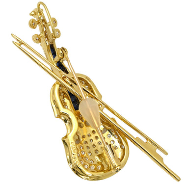 ノンブランド NON BRAND ダイヤ サファイア イエローゴールド K18YG エメラルド ダイヤモンド ブローチ バイオリンモチーフ YG 18K ピンブローチ ブルー 青 楽器 パヴェダイヤ