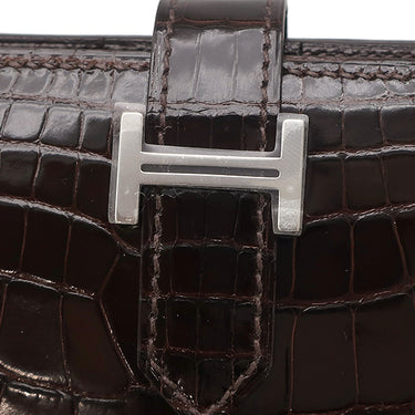 エルメス HERMES ベアンコンパクト ハバナ アリゲーター 二つ折り財布 シルバー金具 茶 クロコ