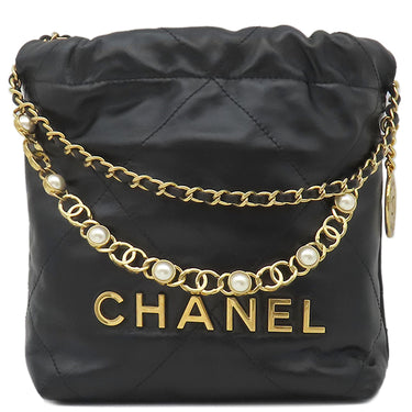 シャネル CHANEL シャネル22 ミニ レザー チェーンショルダー ブラック レザー ショルダーバッグ ゴールド金具 黒 パールロゴチェーン