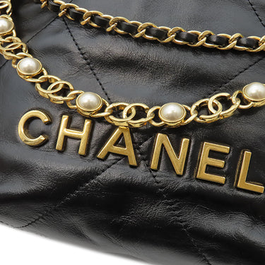 シャネル CHANEL シャネル22 ミニ レザー チェーンショルダー ブラック レザー ショルダーバッグ ゴールド金具 黒 パールロゴチェーン