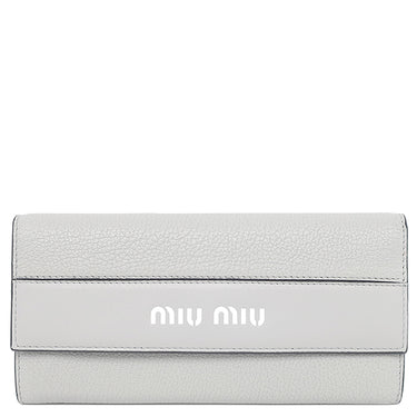 ミュウミュウ MIU MIU 二つ折り ロゴ 5MH109 グレー レザー 長財布 シルバー金具 ロングウォレット カードケース付き