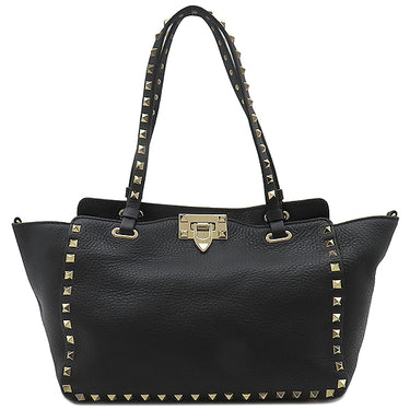 ヴァレンティノ VALENTINO ロックスタッズ トート ブラック レザー 2WAYバッグ シャンパンゴールド金具 黒 ショルダー