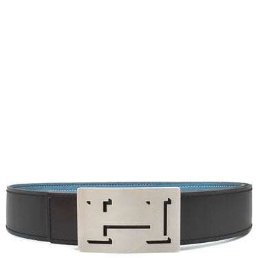 エルメス HERMES Hベルト ラッキーメタル ブラック×ブルージーン ボックスカーフ トゴ #85 ベルト シルバー金具 Hモチーフバックル 黒 青 リバーシブル