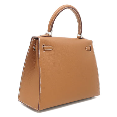 エルメス HERMES ケリー25 外縫い ゴールド ヴォーエプソン 2WAYバッグ シルバー金具 茶