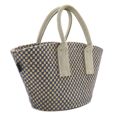 エルメス HERMES パニエバス PM ネイビー×ベージュ リネン ジュート ハンドバッグ 紺 格子柄