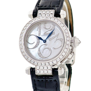 腕時計 カルティエ Cartier パシャ 32ｍｍ WJ123221 クオーツ レディース K18WG無垢 純正ダイヤ シェル 青針 アラビア