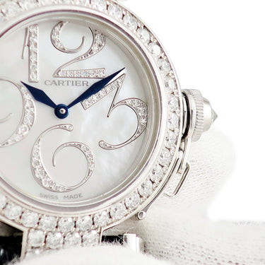 腕時計 カルティエ Cartier パシャ 32ｍｍ WJ123221 クオーツ レディース K18WG無垢 純正ダイヤ シェル 青針 アラビア