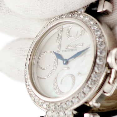 腕時計 カルティエ Cartier パシャ 32ｍｍ WJ123221 クオーツ レディース K18WG無垢 純正ダイヤ シェル 青針 アラビア