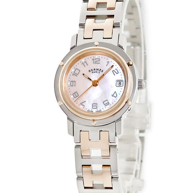 腕時計 エルメス HERMES クリッパー ナクレ CL4.221 クオーツ レディース ピンクゴールドGP×SS コンビ シェル アラビア デイト