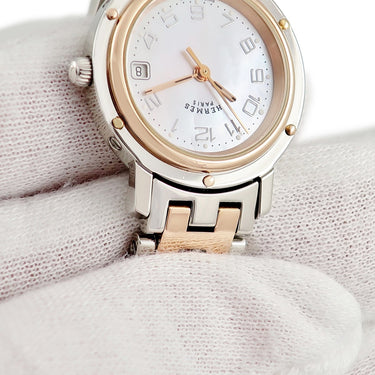 腕時計 エルメス HERMES クリッパー ナクレ CL4.221 クオーツ レディース ピンクゴールドGP×SS コンビ シェル アラビア デイト