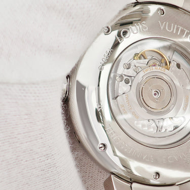 腕時計 ルイヴィトン LOUIS VUITTON タンブール ワールドタイマー Q1055A 自動巻き メンズ デイト GMT ブルー 地球