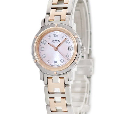 腕時計 エルメス HERMES クリッパー ナクレ CL4.221 クオーツ レディース ピンクゴールドGP×SS コンビ シェル アラビア デイト