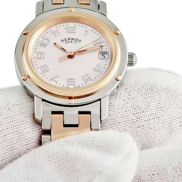 腕時計 エルメス HERMES クリッパー ナクレ CL4.221 クオーツ レディース ピンクゴールドGP×SS コンビ シェル アラビア デイト