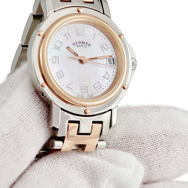 腕時計 エルメス HERMES クリッパー ナクレ CL4.221 クオーツ レディース ピンクゴールドGP×SS コンビ シェル アラビア デイト
