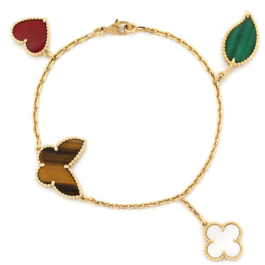 ヴァンクリーフアーペル Van Cleef & Arpels ラッキー アルハンブラ 4モチーフ VCARD79600 イエローゴールドXマルチカラー K18YG マラカイト マザーオブパール タイガーズアイ カーネリアン ブレスレット 赤 白 緑 茶 マルチストーン 18K 18金 750YG
