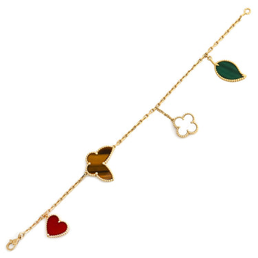 ヴァンクリーフアーペル Van Cleef & Arpels ラッキー アルハンブラ 4モチーフ VCARD79600 イエローゴールドXマルチカラー K18YG マラカイト マザーオブパール タイガーズアイ カーネリアン ブレスレット 赤 白 緑 茶 マルチストーン 18K 18金 750YG