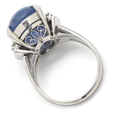 ノンブランド NON BRAND スターサファイア ダイヤ ブルー×プラチナシルバー Pt900 サファイア リング 指輪 13.50ct オーバルカボションカット Pt900 青 艶消し加工 マット仕上げ 天然石 10号