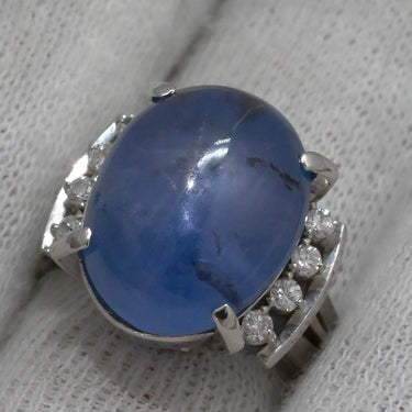 ノンブランド NON BRAND スターサファイア ダイヤ ブルー×プラチナシルバー Pt900 サファイア リング 指輪 13.50ct オーバルカボションカット Pt900 青 艶消し加工 マット仕上げ 天然石 10号