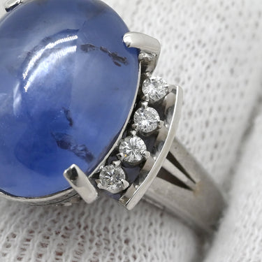 ノンブランド NON BRAND スターサファイア ダイヤ ブルー×プラチナシルバー Pt900 サファイア リング 指輪 13.50ct オーバルカボションカット Pt900 青 艶消し加工 マット仕上げ 天然石 10号