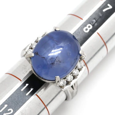 ノンブランド NON BRAND スターサファイア ダイヤ ブルー×プラチナシルバー Pt900 サファイア リング 指輪 13.50ct オーバルカボションカット Pt900 青 艶消し加工 マット仕上げ 天然石 10号