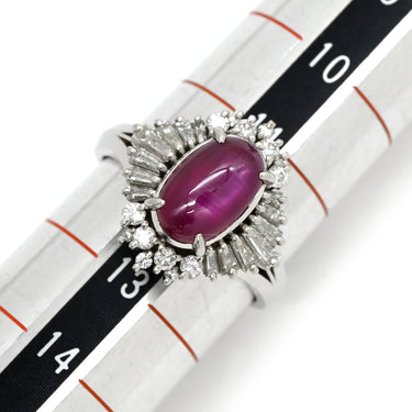 ノンブランド NON BRAND スタールビー 3.43ct ダイヤ ピンクレッド×プラチナシルバー Pt900 ルビー ダイヤモンド リング 指輪 赤 ピンク 1P 1石 1粒 プラチナ Pt900 メレ パヴェ バケット オーバル カボション 12号