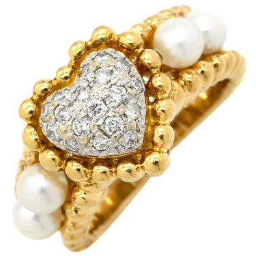 ノンブランド NON BRAND ダイヤ イエローゴールド×ホワイト K18YG ダイヤモンド パール リング 指輪 パヴェ YG Au750 18K 18金 ハートモチーフ 真珠 パール4粒 8.5号