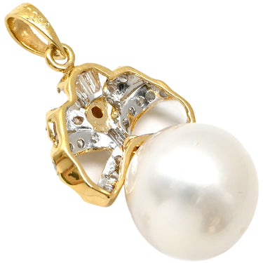 ノンブランド NON BRAND パール ダイヤ 0.32ct パールホワイト×イエローゴールド K18YG パール ダイヤモンド ペンダントトップ ネックレストップ 白蝶パール リボンモチーフ 大粒 真珠 18K YG