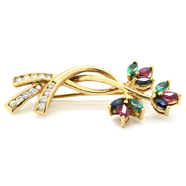 ノンブランド NON BRAND ルビー 0.34ct ブルーサファイア エメラルド ダイヤ イエローゴールド K18YG ルビー サファイア エメラルド ダイヤモンド ブローチ 赤 青 緑 フラワー 花束 ブーケ リボン