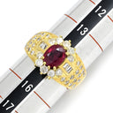 ノンブランド NON BRAND ルビー ダイヤ レッド×イエローゴールド K18YG ルビー ダイヤモンド リング 指輪 1.03ct イエローゴールド Au750 18K 18金 赤 オーバル バゲットカット メレ フラワーモチーフ 15号