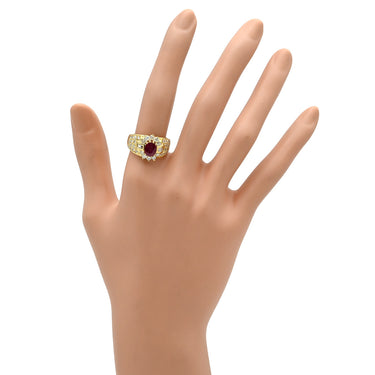 ノンブランド NON BRAND ルビー ダイヤ レッド×イエローゴールド K18YG ルビー ダイヤモンド リング 指輪 1.03ct イエローゴールド Au750 18K 18金 赤 オーバル バゲットカット メレ フラワーモチーフ 15号