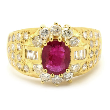 ノンブランド NON BRAND ルビー ダイヤ レッド×イエローゴールド K18YG ルビー ダイヤモンド リング 指輪 1.03ct イエローゴールド Au750 18K 18金 赤 オーバル バゲットカット メレ フラワーモチーフ 15号