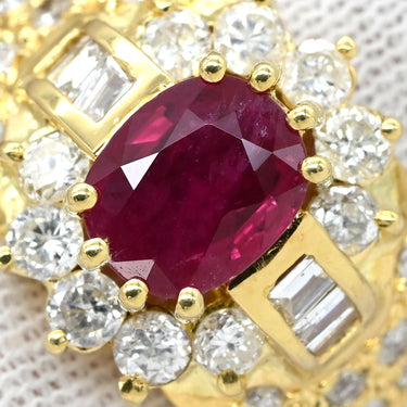 ノンブランド NON BRAND ルビー ダイヤ レッド×イエローゴールド K18YG ルビー ダイヤモンド リング 指輪 1.03ct イエローゴールド Au750 18K 18金 赤 オーバル バゲットカット メレ フラワーモチーフ 15号