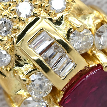 ノンブランド NON BRAND ルビー ダイヤ レッド×イエローゴールド K18YG ルビー ダイヤモンド リング 指輪 1.03ct イエローゴールド Au750 18K 18金 赤 オーバル バゲットカット メレ フラワーモチーフ 15号