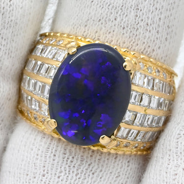 ノンブランド NON BRAND ブラックオパール 4.9ct ダイヤモンド イエローゴールド K18YG オパール ダイヤモンド リング 指輪 黒 遊色 オーバル 1石 1粒 マルチカラー 18K 750 YG 13号