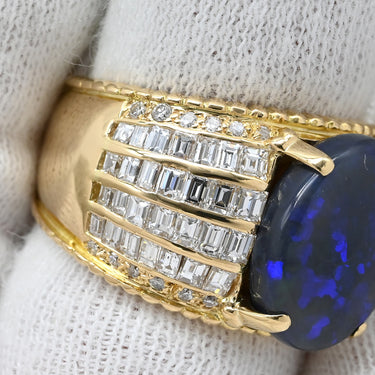 ノンブランド NON BRAND ブラックオパール 4.9ct ダイヤモンド イエローゴールド K18YG オパール ダイヤモンド リング 指輪 黒 遊色 オーバル 1石 1粒 マルチカラー 18K 750 YG 13号