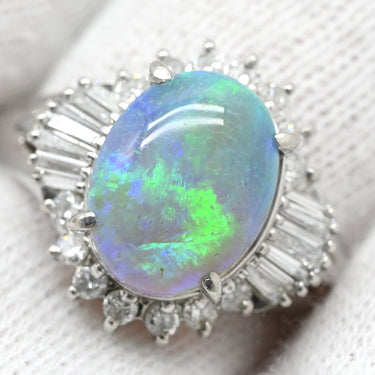 ノンブランド NON BRAND ブラックオパール 2.62ct ダイヤモンドリング プラチナシルバー Pt900 オパール ダイヤモンド リング 指輪 オーバルカボションカット 1石 1粒 マルチカラー 遊色 18号