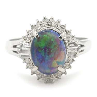 ノンブランド NON BRAND ブラックオパール 0.8ct ダイヤモンドリング プラチナシルバー Pt900 オパール ダイヤモンド リング 指輪 オーバルカット 1石 1粒 マルチカラー 遊色 13.5号