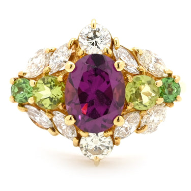 ノンブランド NON BRAND マルチカラージェムストーンリング イエローゴールド K18YG ダイヤモンド ロードライトガーネット ペリドット グリーングロシュラーガーネット リング 指輪 Au750 K18 YG ダイヤ オーバルミックスカット 13.5号