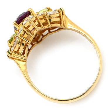 ノンブランド NON BRAND マルチカラージェムストーンリング イエローゴールド K18YG ダイヤモンド ロードライトガーネット ペリドット グリーングロシュラーガーネット リング 指輪 Au750 K18 YG ダイヤ オーバルミックスカット 13.5号