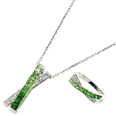 ノンブランド NON BRAND ダイヤ ツァボライト リング セット グリーン×ホワイトゴールド K18WG ダイヤモンド グリーングロシュラーガーネット(ツァボライト) ネックレス K18WG Au750 18K グリーングロシュラーガーネット