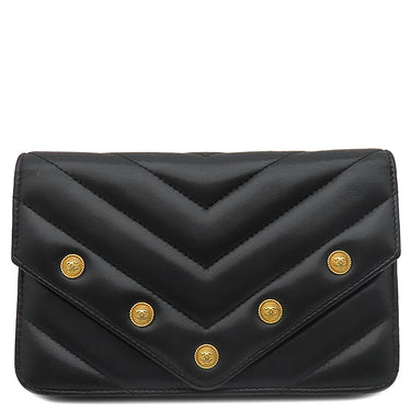 シャネル CHANEL シェブロン Vステッチ ブラック レザー ラムスキン チェーンウォレット ゴールド金具 チェーンショルダー CCボタン 黒