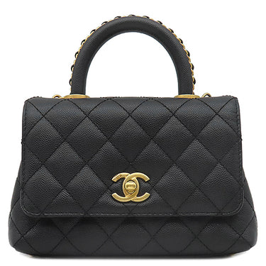 シャネル CHANEL トップハンドル ミニ フラップ バッグ AS2215 ブラック レザー キャビアスキン 2WAYバッグ ゴールド金具 ココハンドル 黒 ショルダーバッグ