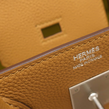 エルメス HERMES バーキン30 ヴェルソ キャラメル×ライム トゴ ハンドバッグ シルバー金具 茶 黄色 バイカラー