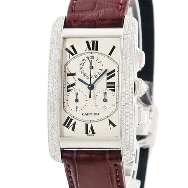 腕時計 カルティエ Cartier タンクアメリカン クロノリフレックス LM クオーツ メンズ K18WG無垢 純正ダイヤ 青針 デイト