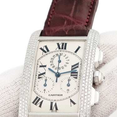 腕時計 カルティエ Cartier タンクアメリカン クロノリフレックス LM クオーツ メンズ K18WG無垢 純正ダイヤ 青針 デイト